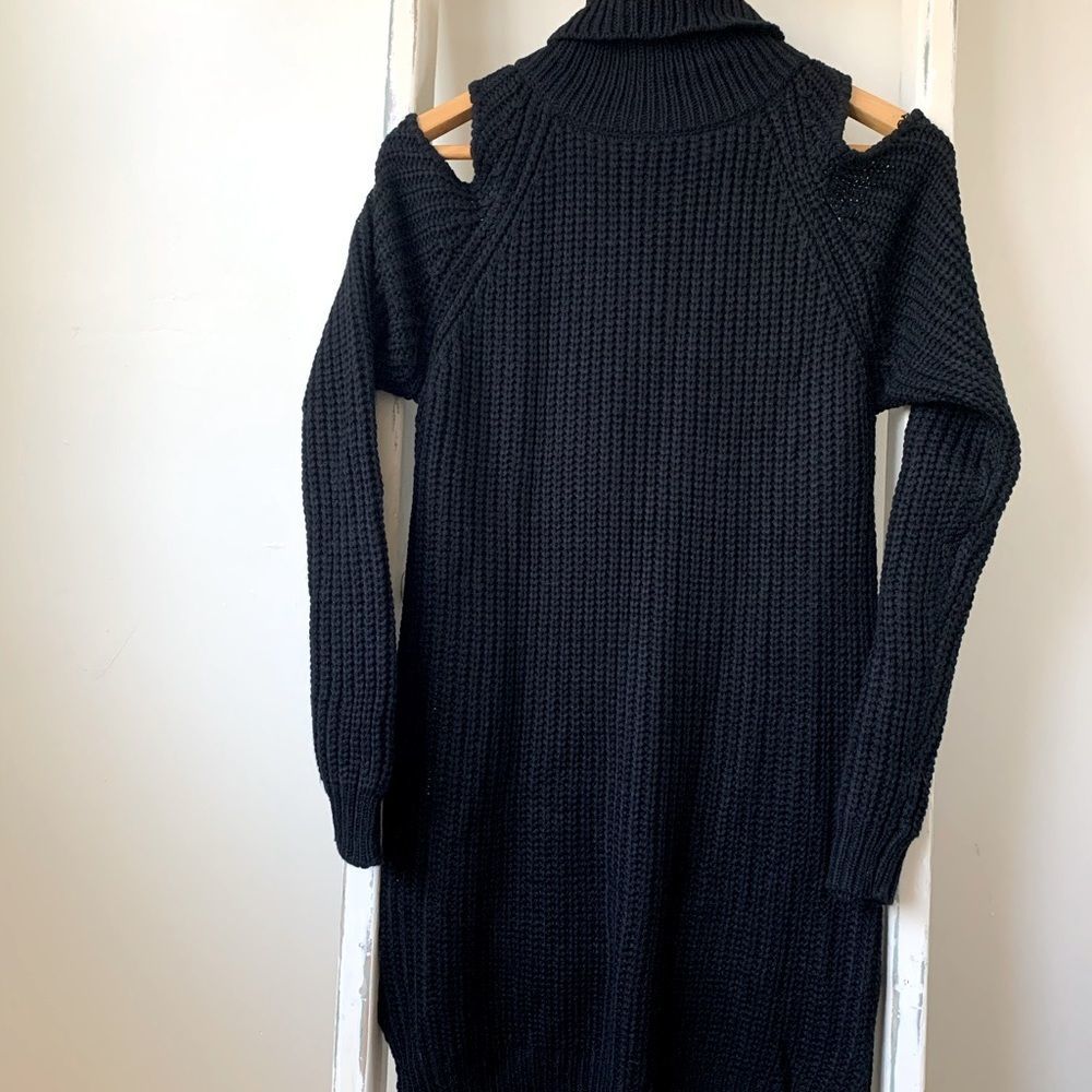 ALYA || Black Shoulder Cutout Heavy Knit Sweater Dress